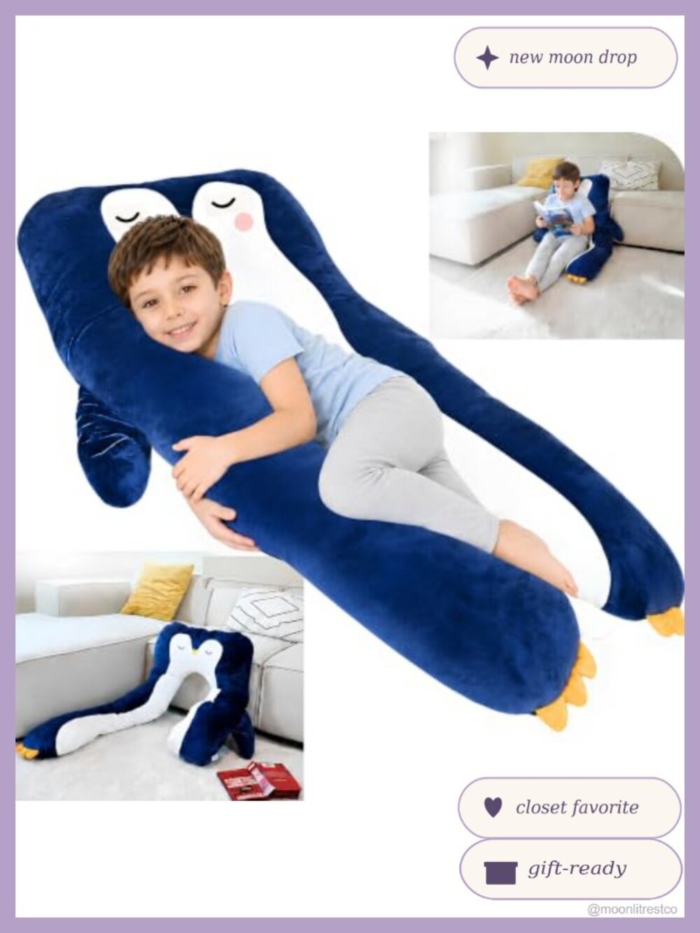 U-Shape Body Pillow 47" Long Plush Animal Pillow for Kids Sleeping Reading